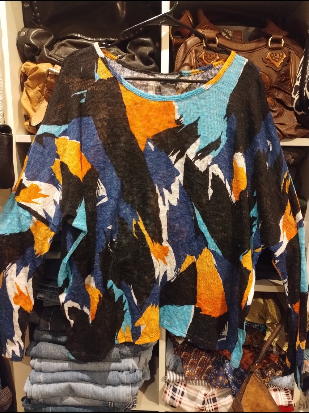 Chelsea & Theodore Blue, Orange, Black Colorblock Knit Top